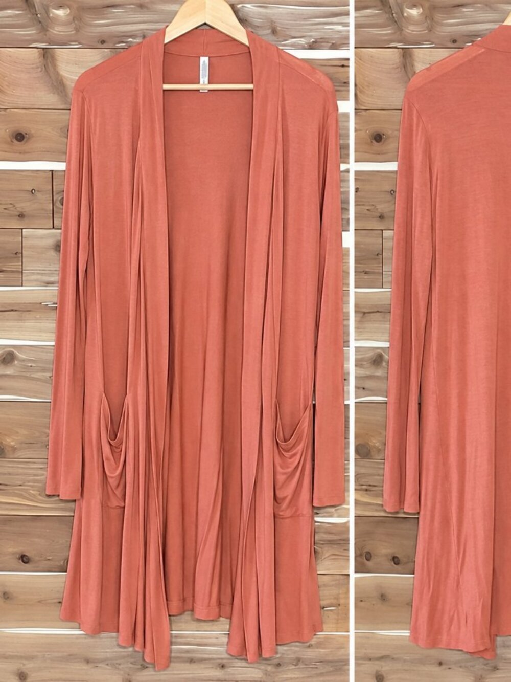 NEW Active USA Open Front Knee Length Long Sleeve Cardigan w/ Pockets Terracotta
